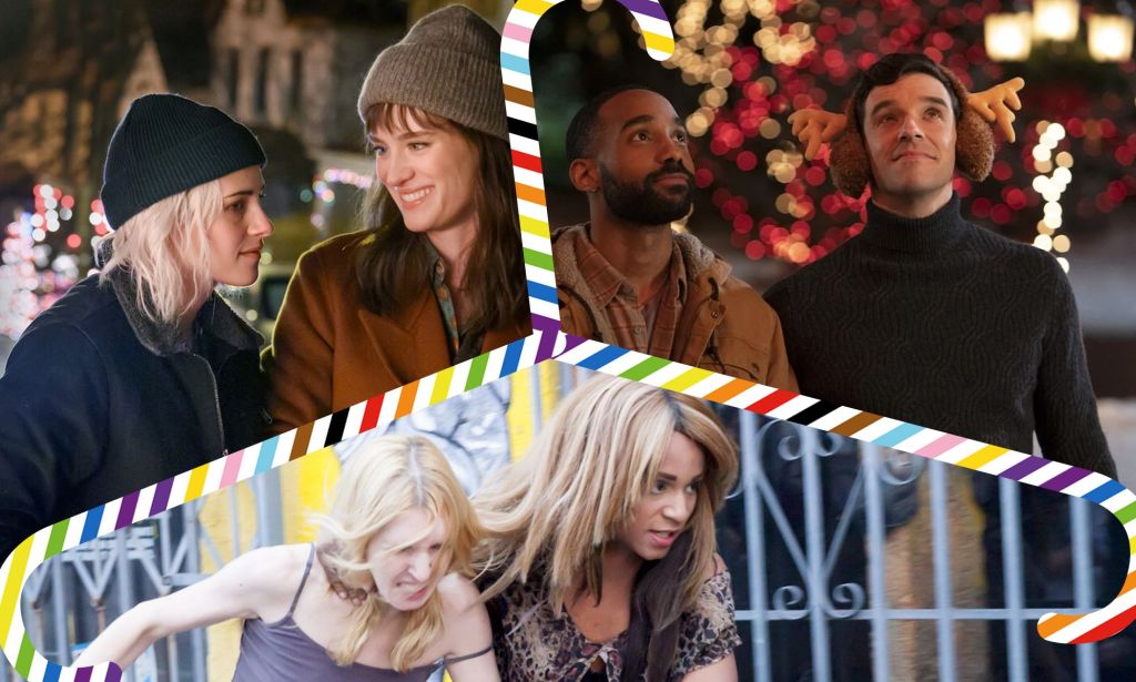 An edited image with three separate film stills shown. The first in the top left hand corner shows Kristen Stewart and Mackenzie Davis in Happiest Season. In the top right hand corner is Michael Urie and Philemon Chambers in a still image from the Netflix film Single All The Way. At the bottom is a picture of two of the stars of Tangerine.