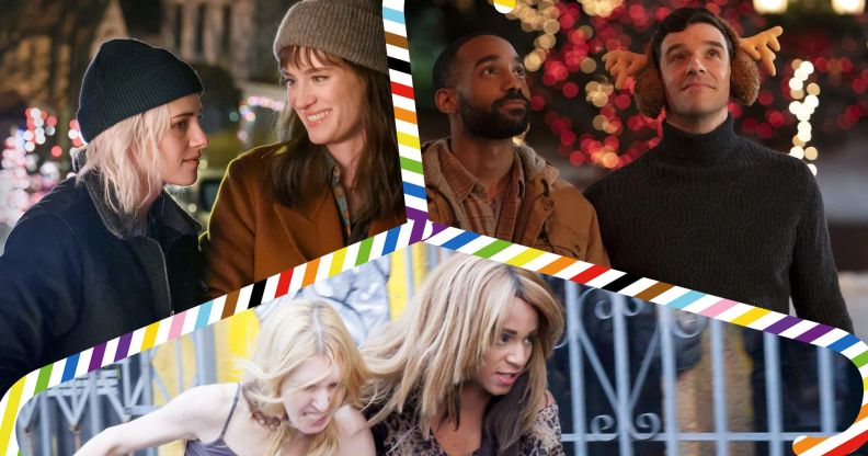 An edited image with three separate film stills shown. The first in the top left hand corner shows Kristen Stewart and Mackenzie Davis in Happiest Season. In the top right hand corner is Michael Urie and Philemon Chambers in a still image from the Netflix film Single All The Way. At the bottom is a picture of two of the stars of Tangerine.