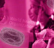 A picture composite shows a doctor holding a syringe and about to inject a patient - both people are wearing masks and in the foreground of the image you can see a graphic of some disease. The whole image is shaded in dark pink and you can see the World Health Organization logo in the background