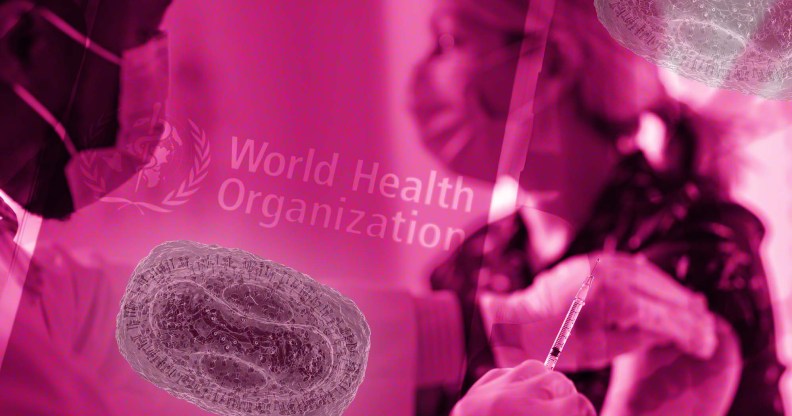 A picture composite shows a doctor holding a syringe and about to inject a patient - both people are wearing masks and in the foreground of the image you can see a graphic of some disease. The whole image is shaded in dark pink and you can see the World Health Organization logo in the background
