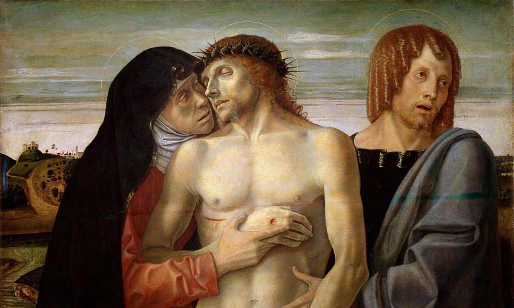 Oil painting of Jesus being held up by Mary and St John