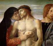 Oil painting of Jesus being held up by Mary and St John