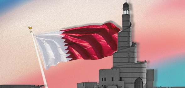 A graphic showing the Qatar flag and white buildings including a mosque against a background showing the colours of the trans flag