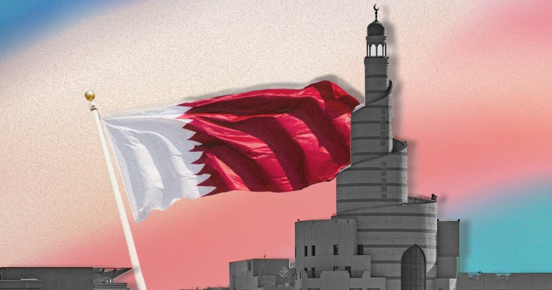 A graphic showing the Qatar flag and white buildings including a mosque against a background showing the colours of the trans flag