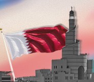 A graphic showing the Qatar flag and white buildings including a mosque against a background showing the colours of the trans flag