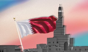 A graphic showing the Qatar flag and white buildings including a mosque against a background showing the colours of the trans flag