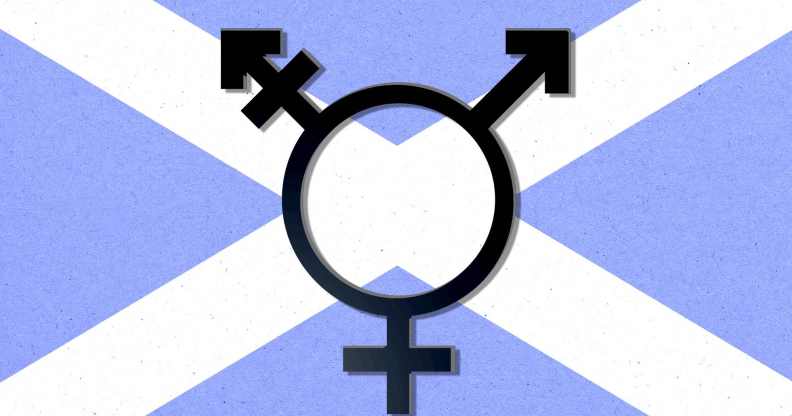 The Scottish flag with a combined male and female symbol