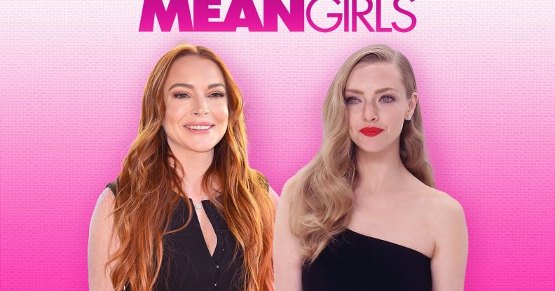 Actors Lindsay Lohan and Amanda Seyfried wearing black dresses on a pink background with the Mean Girls logo above them