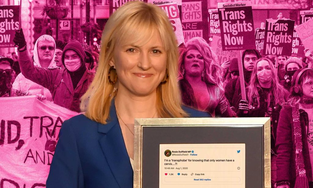 Rosie Duffield against a pink background with one of her infamous anti-trans tweets