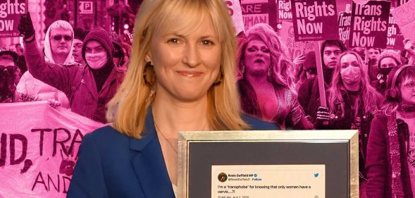 Rosie Duffield against a pink background with one of her infamous anti-trans tweets