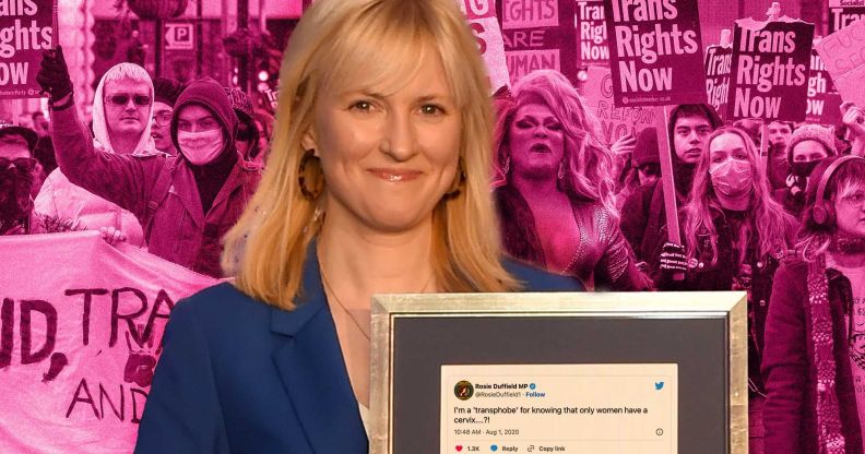 Rosie Duffield against a pink background with one of her infamous anti-trans tweets