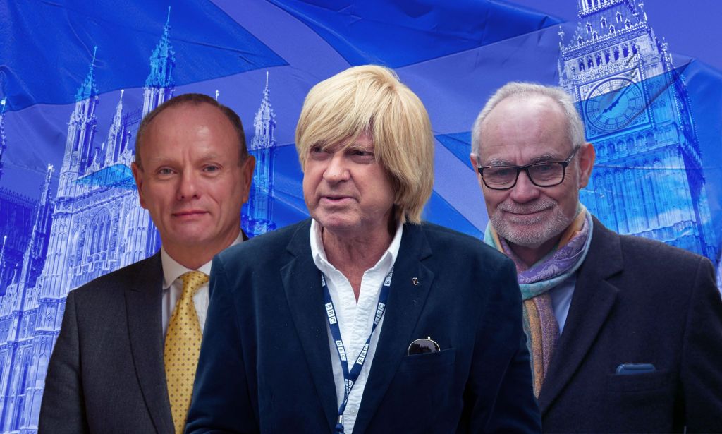 Images of Conservative Party MPs Crispin Blunt, Mike Freer and Michael Fabricant superimposed against a backdrop of Westminster and the Scottish flag