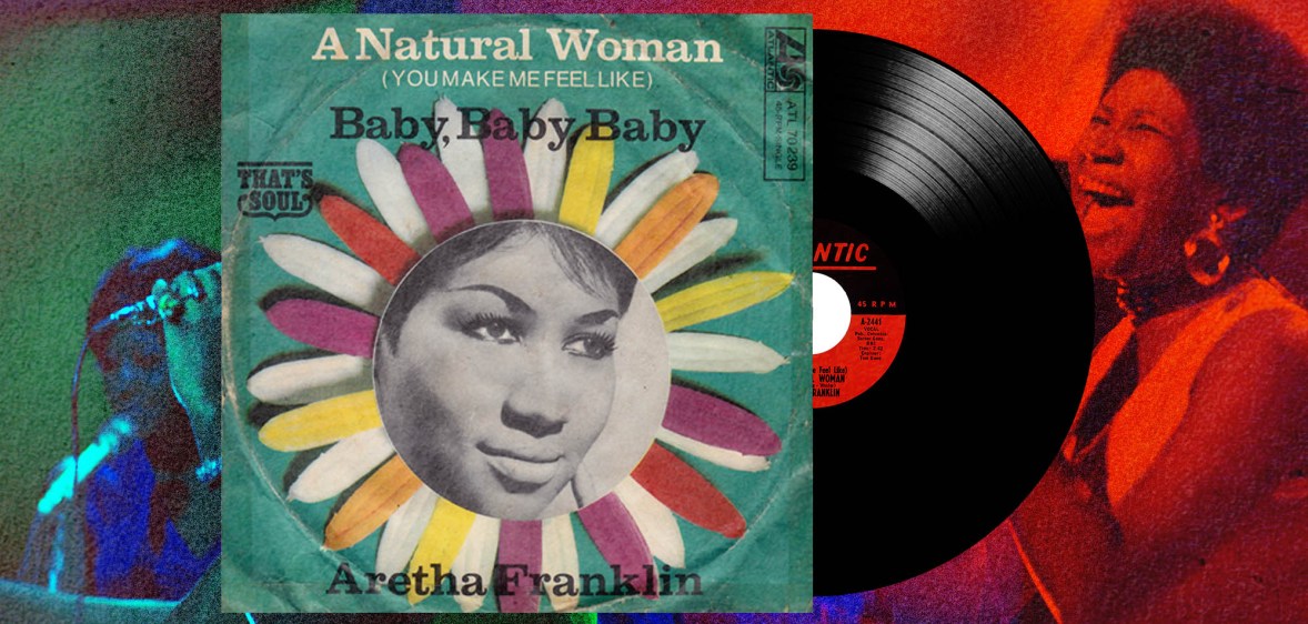 A graphic showing on the left the cover of Aretha Franklin's record "A Natural Woman". Coming out of the cover is an image of a vinyl record and to the right of that is the image of Aretha Franklin performing - this image is tinted out red