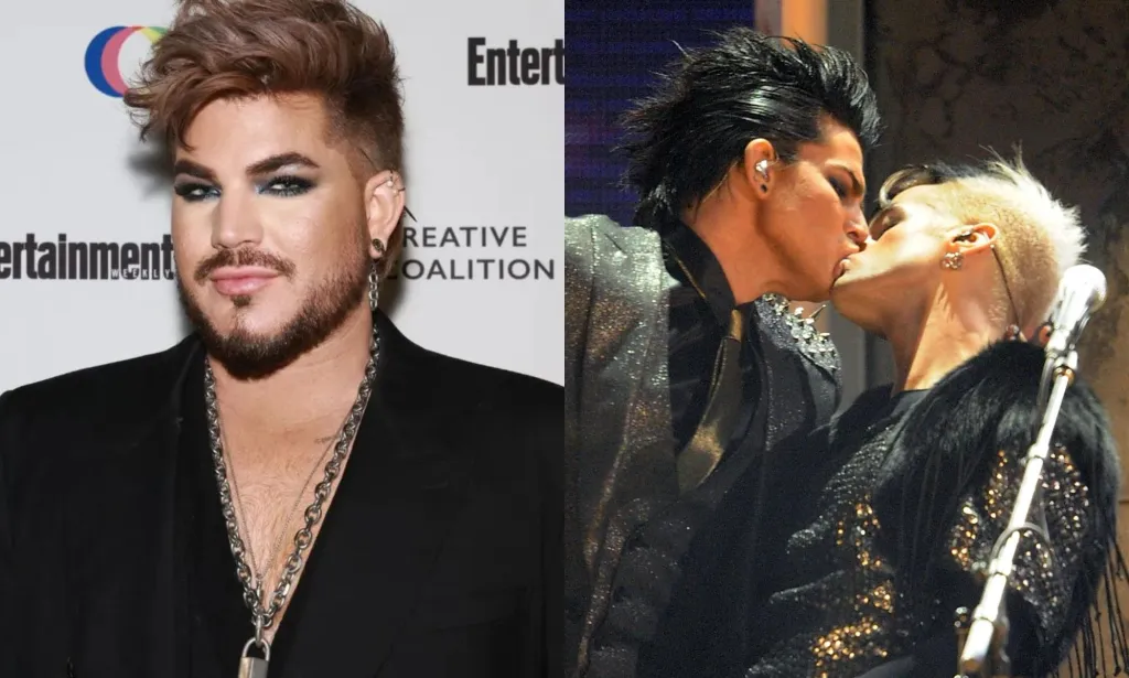 Adam Lambert on a red carpet (left) and sharing a same-sex kiss with a member of his band on stage at the 2009 AMAs