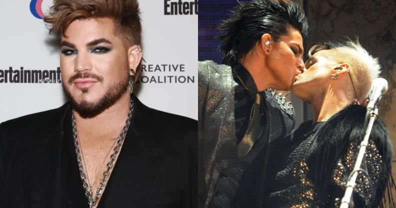 Adam Lambert on a red carpet (left) and sharing a same-sex kiss with a member of his band on stage at the 2009 AMAs