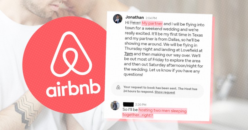 A graphic shows on the left a airbnb logo with a screenshot of a Twitter post positioned next to it. In the background is the faded out image of two men standing close to each other