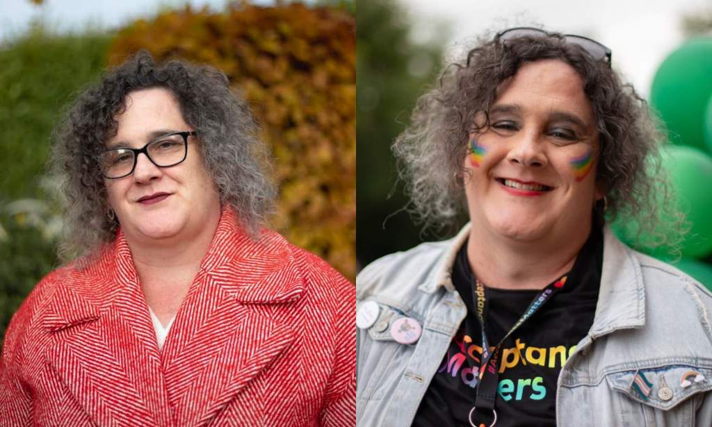 Aoife Martin pictured on the left outdoors wearing a red coat. On the right, she's pictured at a Pride march wearing a denim jacket with pride colours painted on her cheeks.
