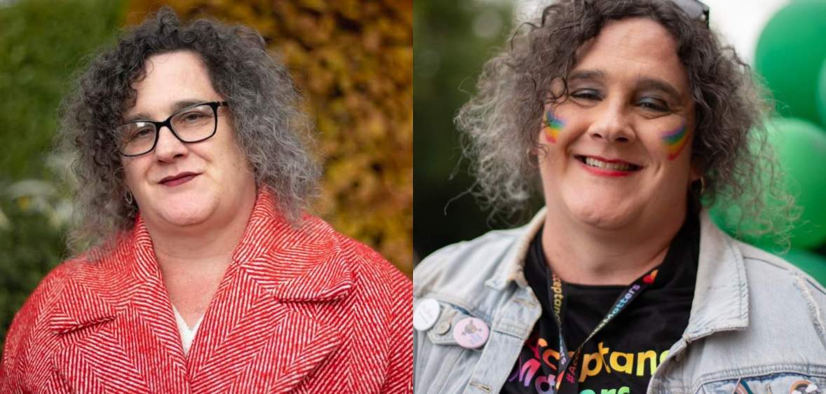 Aoife Martin pictured on the left outdoors wearing a red coat. On the right, she's pictured at a Pride march wearing a denim jacket with pride colours painted on her cheeks.