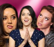 Three images of Aubrey Plaza making funny faces on a pink background.