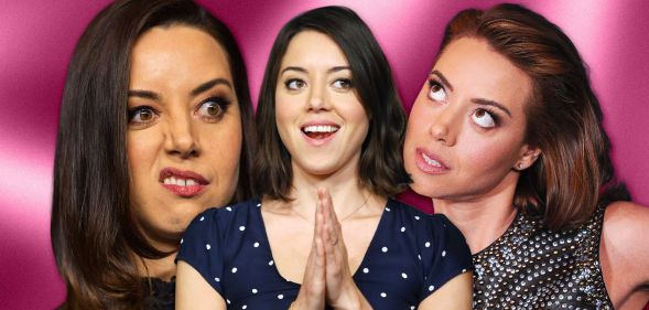 Three images of Aubrey Plaza making funny faces on a pink background.