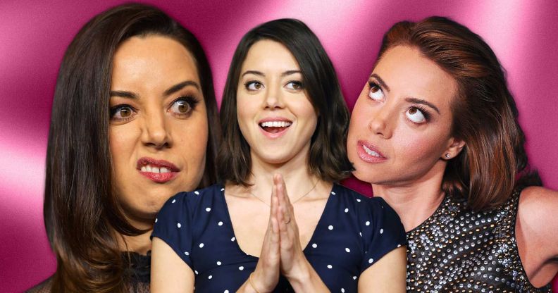 Three images of Aubrey Plaza making funny faces on a pink background.