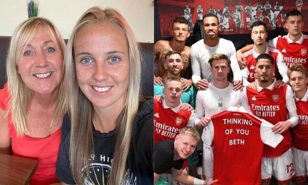 Beth Mead with her mum (left) and the Arsenal men's team