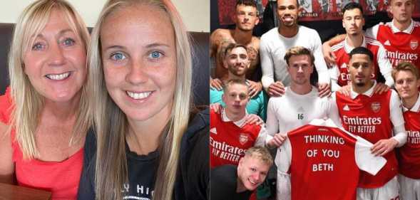 Beth Mead with her mum (left) and the Arsenal men's team