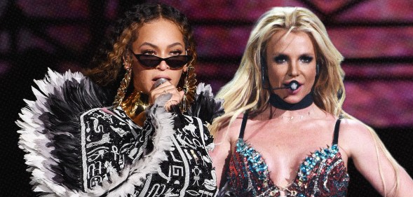 An image shows singer dressed in an elaborate black and white outfit as she sings into a microphone with Britney Spears positioned next to the wearing a burlesque-style outfit. (Getty)