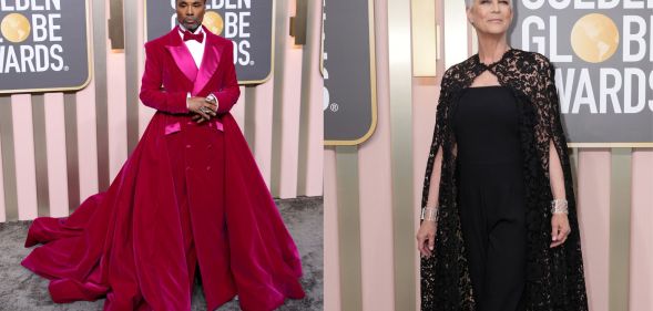 Side by side image of Billy Porter and Jamie Lee Curtis on the red carpet at the golden globes.