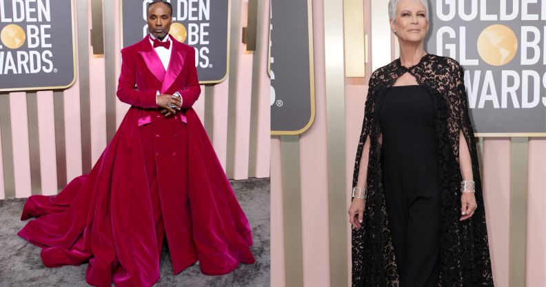 Side by side image of Billy Porter and Jamie Lee Curtis on the red carpet at the golden globes.