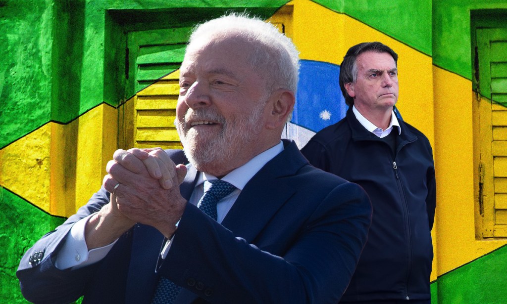 Collage of Lula and Bolsonaro in front of the Brazil flag