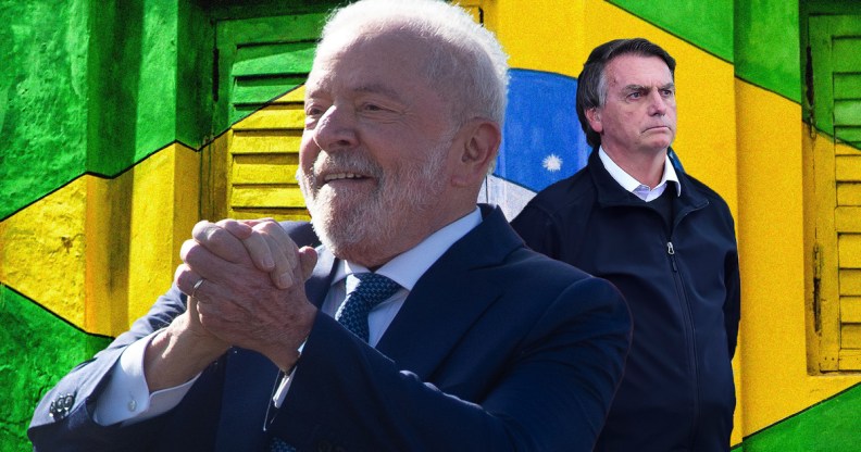Collage of Lula and Bolsonaro in front of the Brazil flag