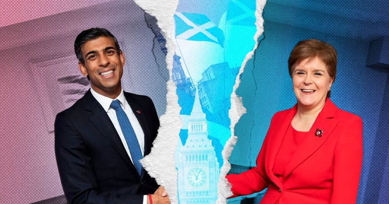 A graphic illustrating prime minister Rishi Sunak being ripped apart from Scotland first minister Nicola Sturgeon with trans Pride flag colours in the background depicting the UK government's decision to block Scotland's gender reform bill