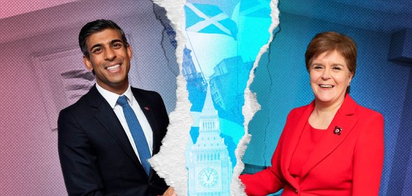 A graphic illustrating prime minister Rishi Sunak being ripped apart from Scotland first minister Nicola Sturgeon with trans Pride flag colours in the background depicting the UK government's decision to block Scotland's gender reform bill