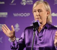 Martina Navratilova, wearing a purple top, speaks during a conference at the WTA finals.