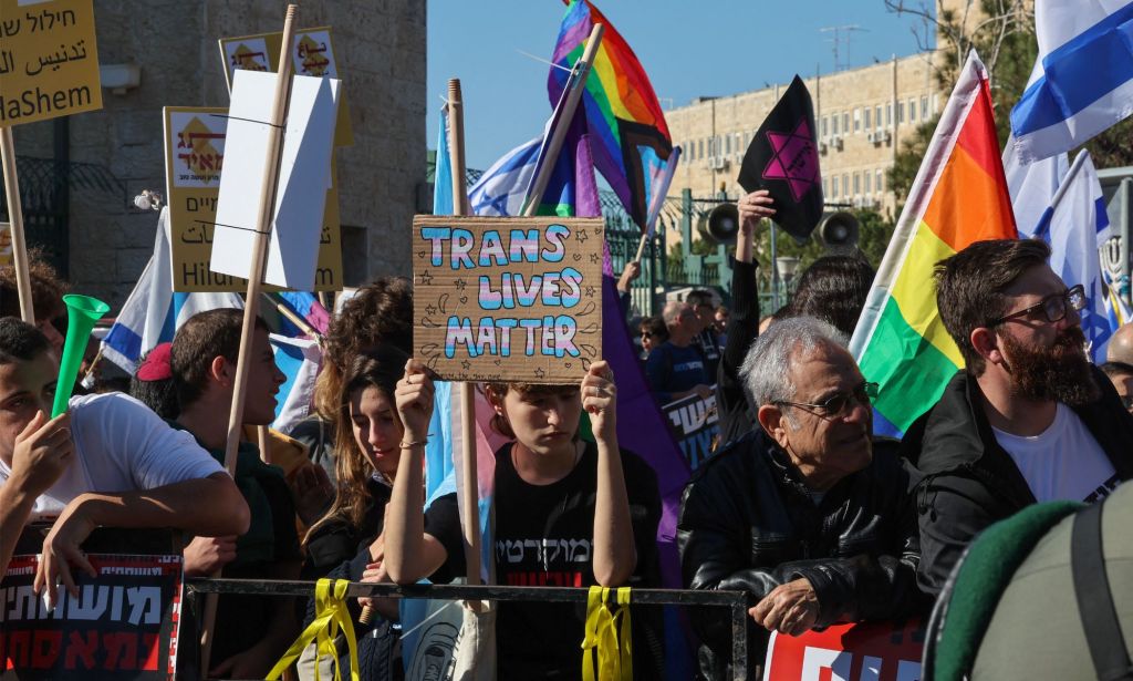 A group of individuals hold up LGBTQ+ positive signs, with one reading "trans lives matter."