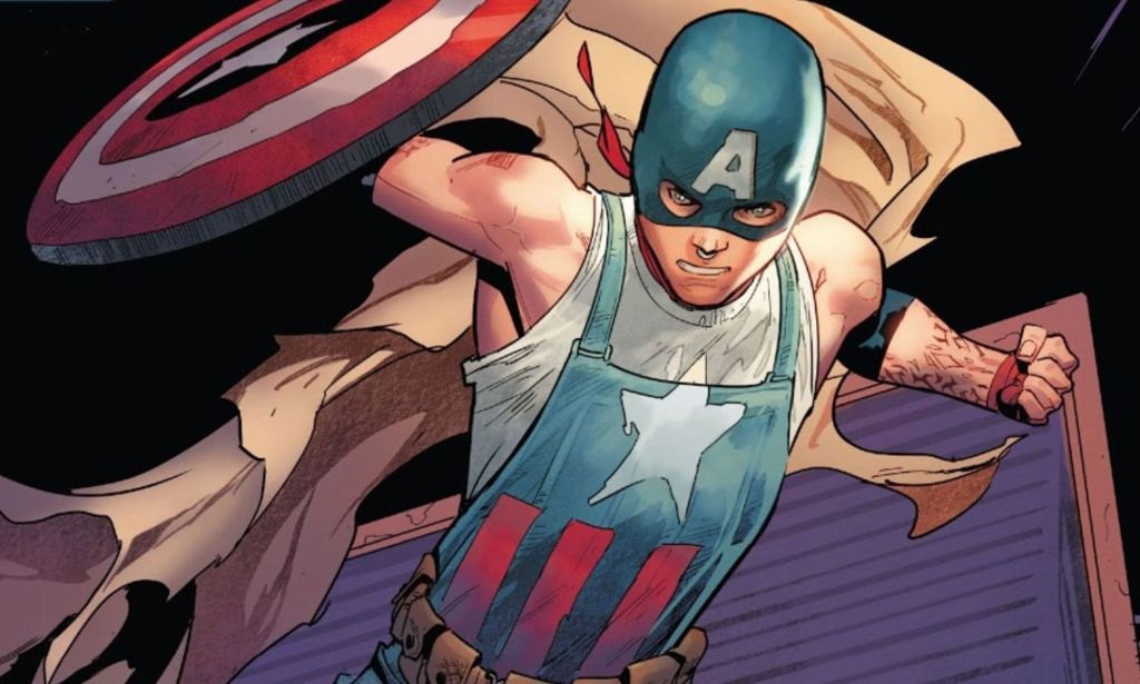 Aaron Fischer, wielding a red and blue Captain America shield, fends of bad guys.