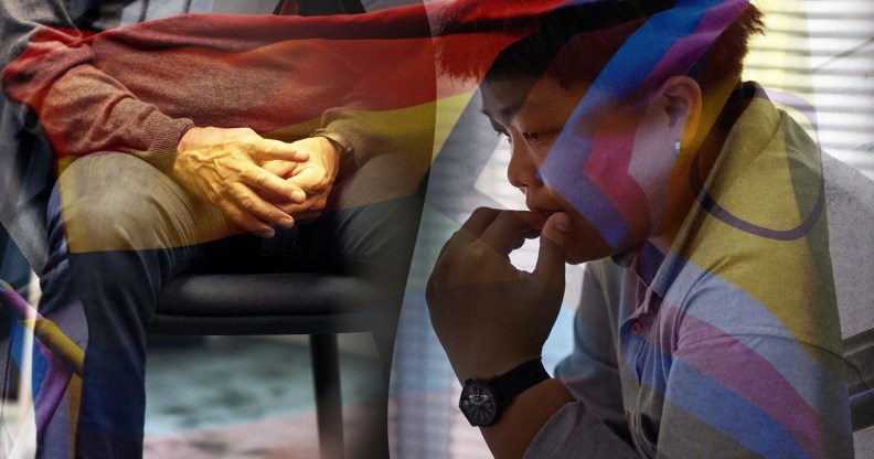 Graphic showing person suffering, overlaid with pride symbols