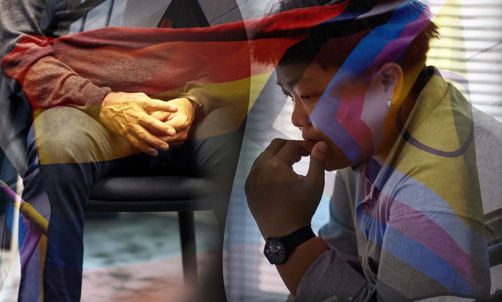 Graphic showing person suffering, overlaid with pride symbols