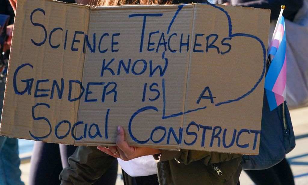 A person attending a trans rights protest holds up a sign reading 'Science teachers know gender is a social construct'