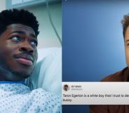 Side by side images of Lil Nas X from his promotional video for Montero and Taron Egerton as he reads a thirsty comment that reads: "Taron Egerton is a white boy that I trust to destroy my bussy"