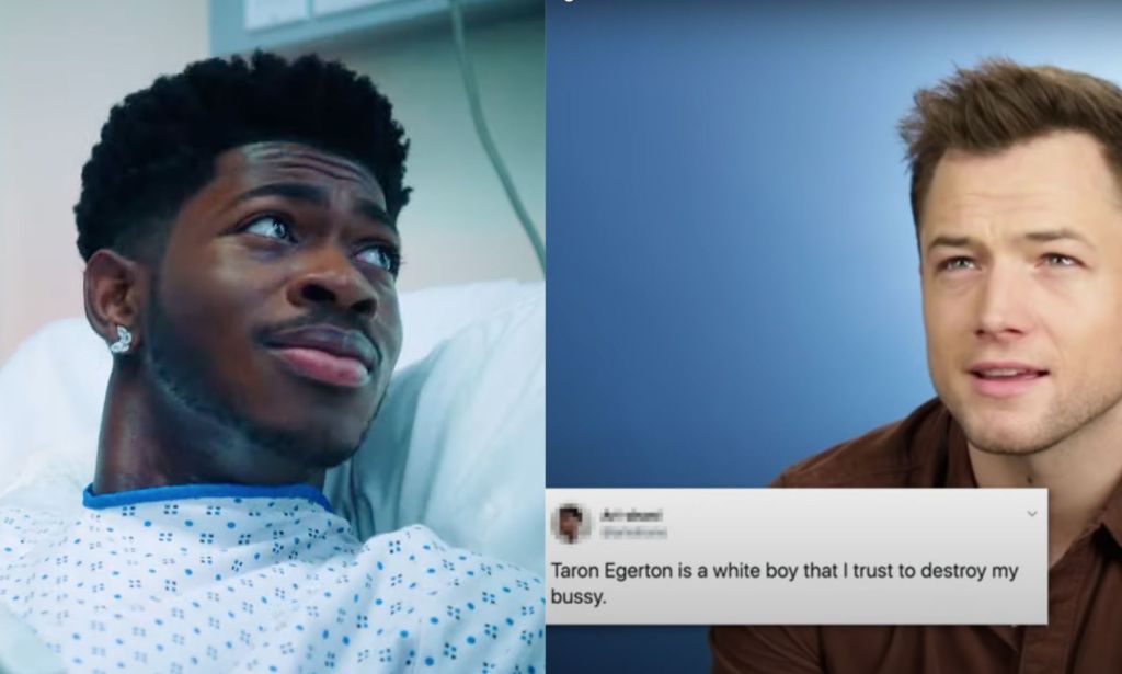 Side by side images of Lil Nas X from his promotional video for Montero and Taron Egerton as he reads a thirsty comment that reads: "Taron Egerton is a white boy that I trust to destroy my bussy"