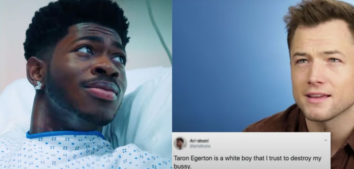 Side by side images of Lil Nas X from his promotional video for Montero and Taron Egerton as he reads a thirsty comment that reads: "Taron Egerton is a white boy that I trust to destroy my bussy"