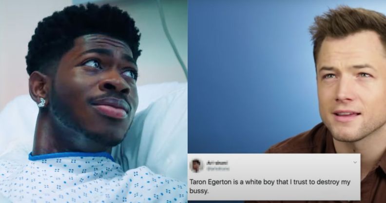 Side by side images of Lil Nas X from his promotional video for Montero and Taron Egerton as he reads a thirsty comment that reads: "Taron Egerton is a white boy that I trust to destroy my bussy"