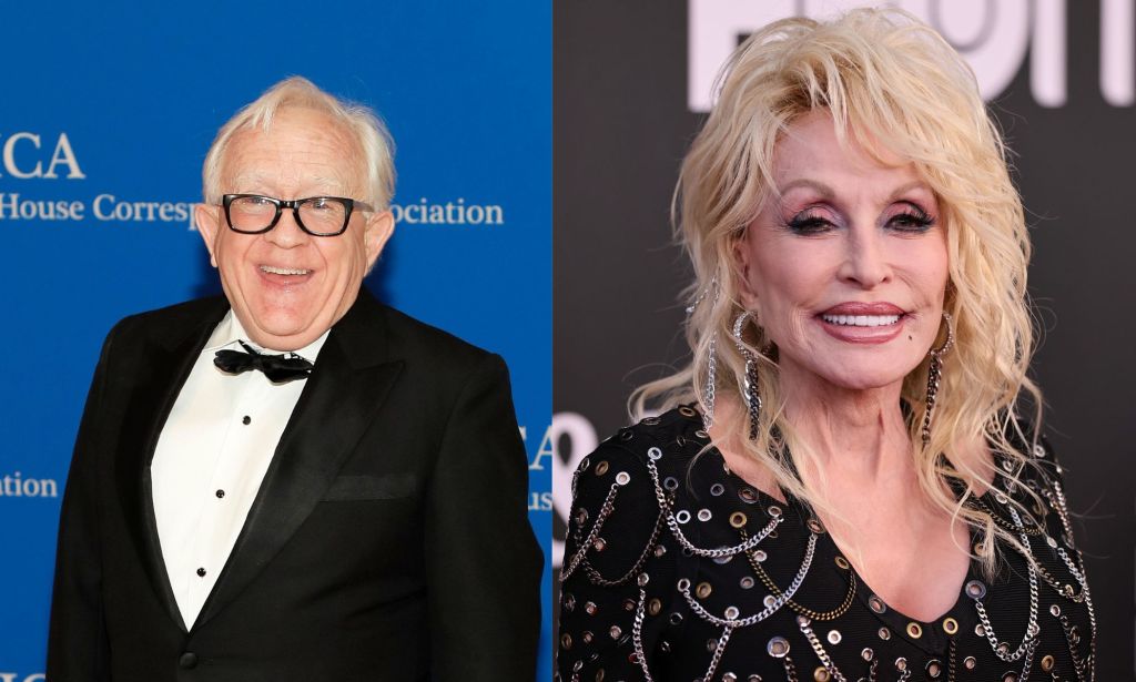 Side by side images of Leslie Jordan, who is smiling and wearing a suit and tie, as well as Dolly Parton, who is wearing a dark outfit with sparkly details