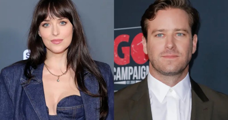 On the left: Dakota Johnson on the red carpet at the inaugral Sundance Film Festival dinner. On the right: Armie Hammer at the 2019 Go Campaign's 13th Annual Go Gala