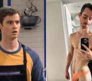 Two side-by-side images show on the left actor Dan Benson when he was younger as Zeke Beakerman from 2007-2012 Disney sitcom Wizards of Waverly Place wearing a blue and yellow top with also an apron showing in front and on the right-hand-side is the same actor from now posing for a semi-naked selfie
