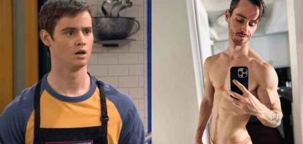 Two side-by-side images show on the left actor Dan Benson when he was younger as Zeke Beakerman from 2007-2012 Disney sitcom Wizards of Waverly Place wearing a blue and yellow top with also an apron showing in front and on the right-hand-side is the same actor from now posing for a semi-naked selfie