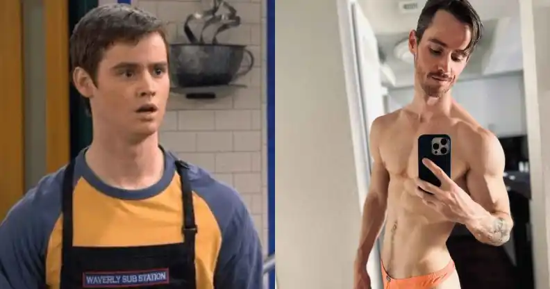 Two side-by-side images show on the left actor Dan Benson when he was younger as Zeke Beakerman from 2007-2012 Disney sitcom Wizards of Waverly Place wearing a blue and yellow top with also an apron showing in front and on the right-hand-side is the same actor from now posing for a semi-naked selfie
