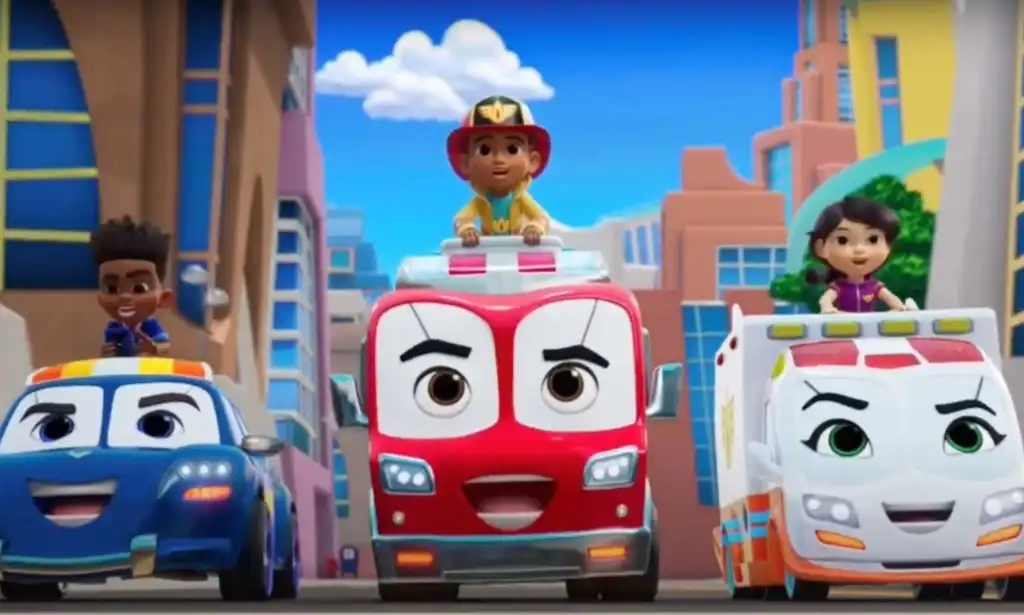 A still from Disney Junior's "Firebuds" shows a police car, a fire struck and an ambulance with their child drivers clearly seen out in front of the vehicles